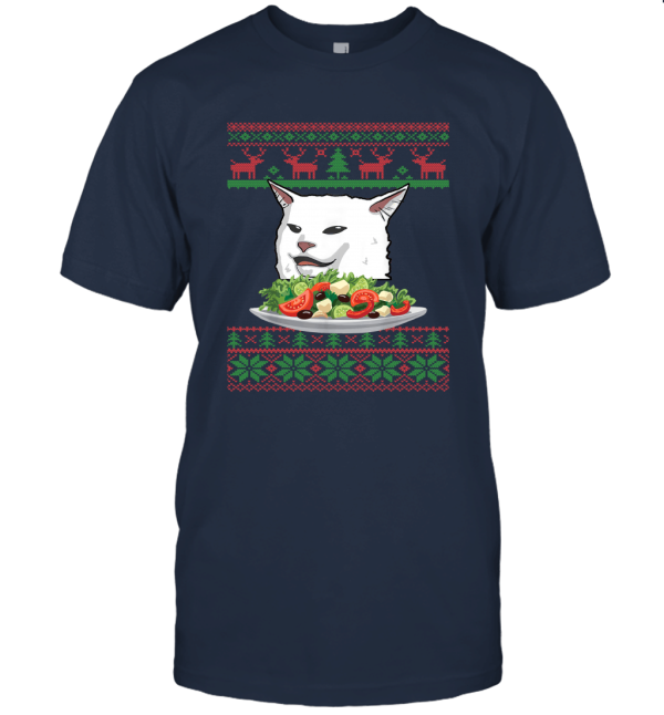 Angry Women Yelling At Confused Cat At Dinner Table Meme Ugly Christmas Gift Unisex T-Shirt